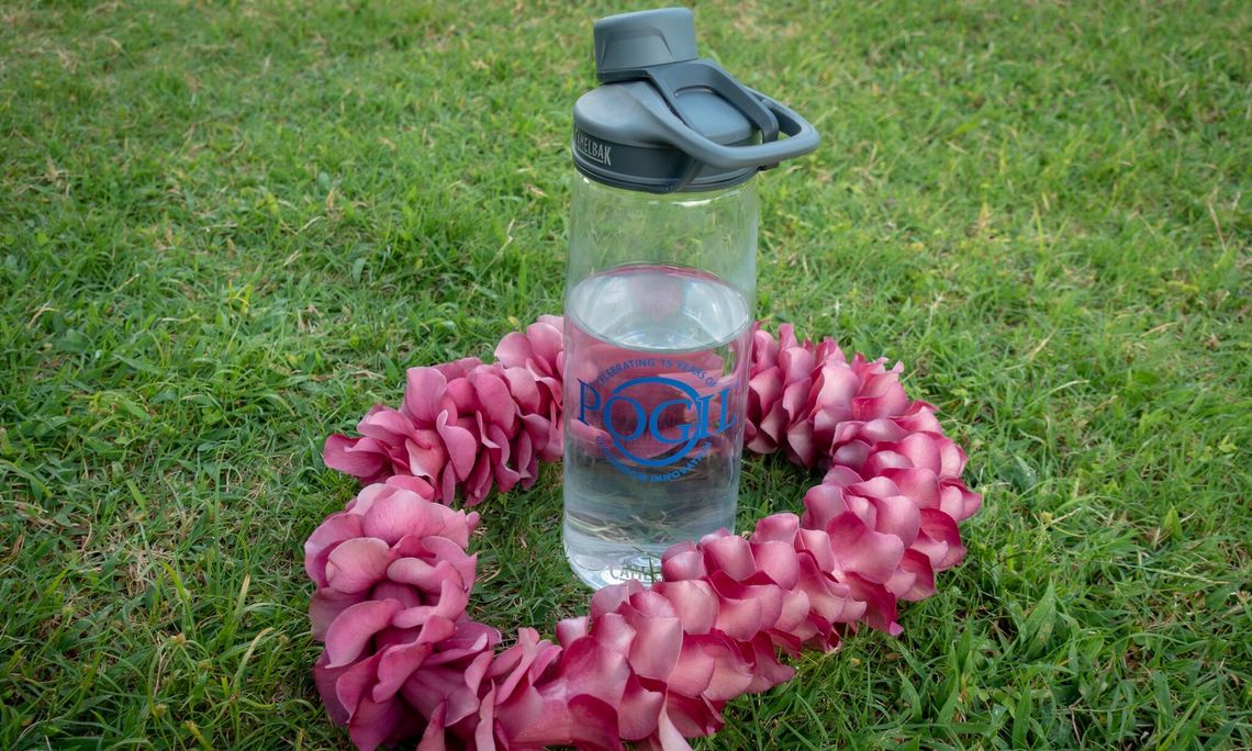 Malia  Turner  of  Coupeville,  WA  –The  POGIL  water  bottle  wearing  a  lei  I  made  with  flowers  from  my  Aunty's  yard  in  Kalaheo,  Kauai,  that  was  gifted  to  my  4-year-old  cousin  for  her  birthday.